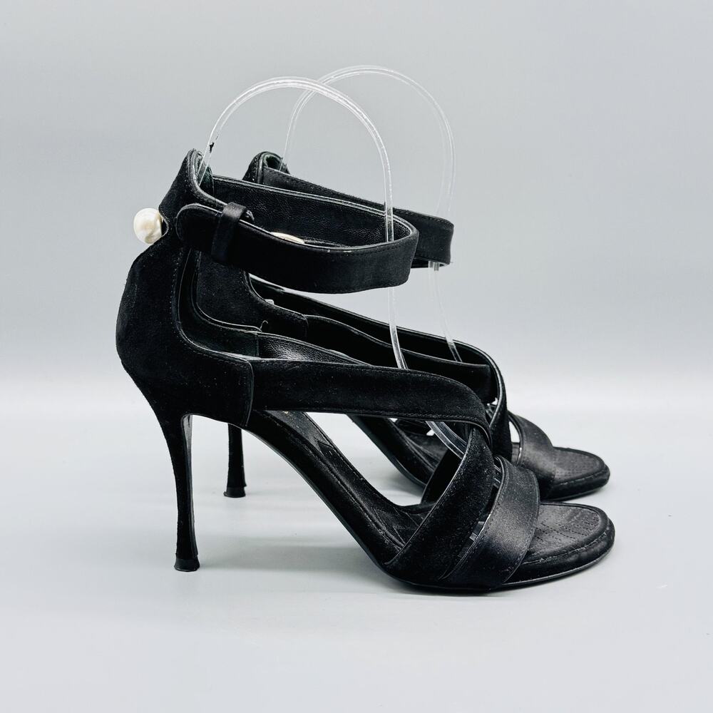 Nicholas Kirkwood Sandals Womens 5.5 Black Suede Heel Ankle Strappy Dress Pearl